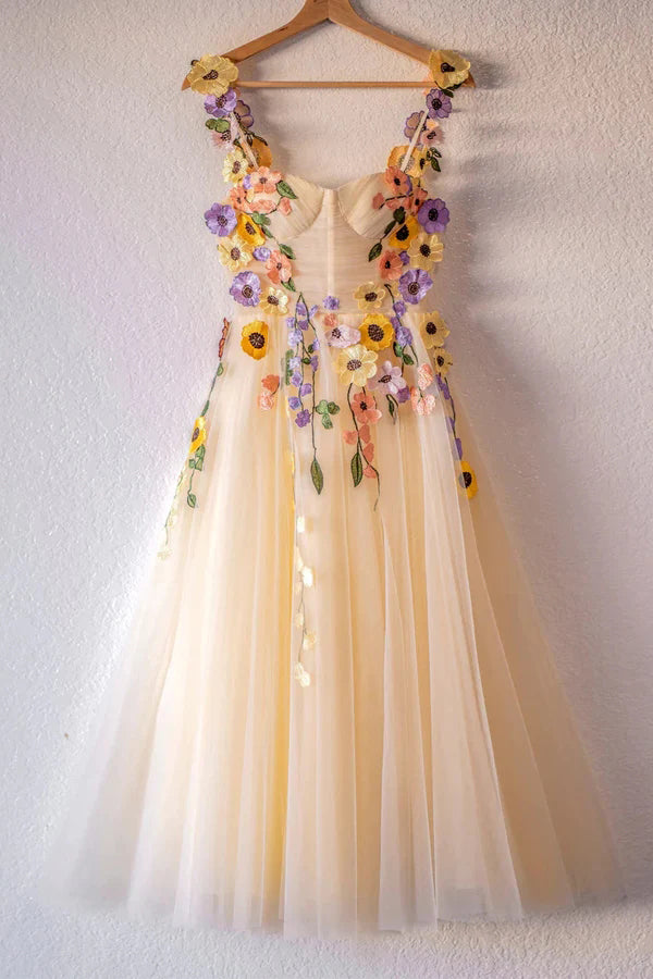 3D Flowers Champagne Tulle Short Prom Dress, Homecoming Dresses Sweet 16 Dress UQH0195