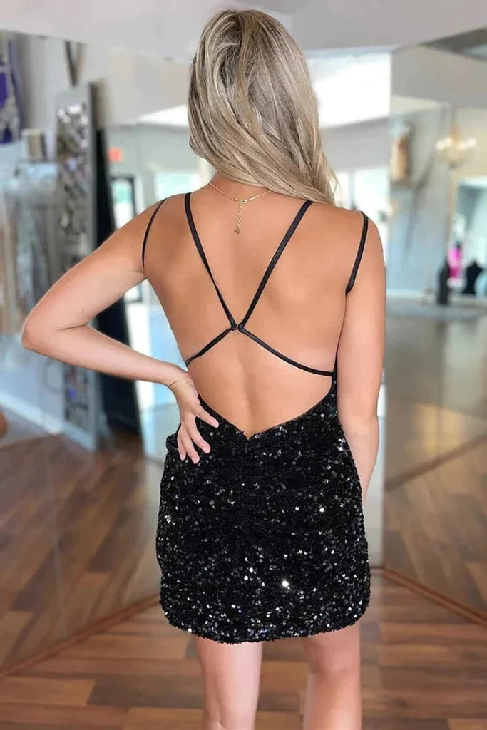 Cute Black Sequins V Neck Backless Tight Homecoming Dresses UQH0184