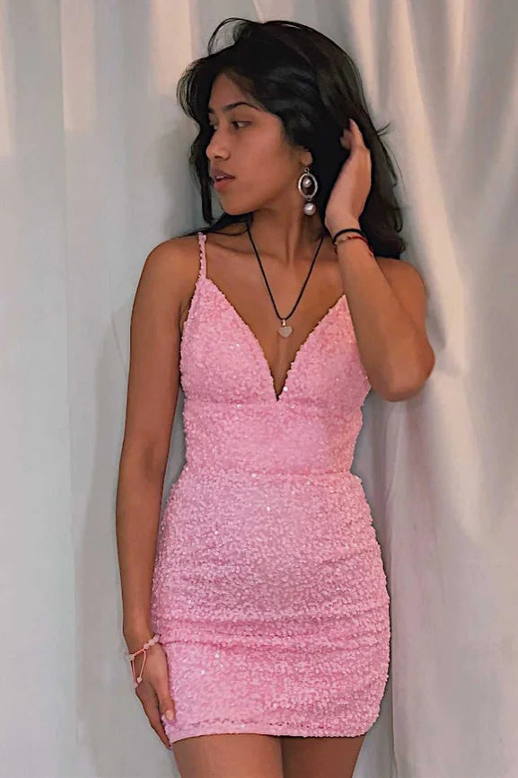 Glitter Bodycon Pink Sequins V-neck Short Prom Dresses, Homecoming Dress UQH0160