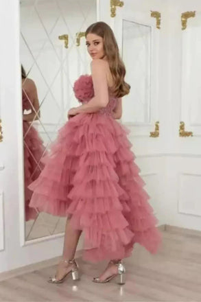 High-Low Strapless Tulle Tea Length Prom Dress, Charming Party Gown UQP0228