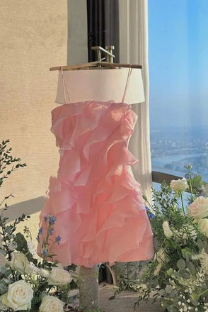 Short Spaghetti Straps Chiffon Party Dress, Homecoming Dress with Ruffles UQH0188