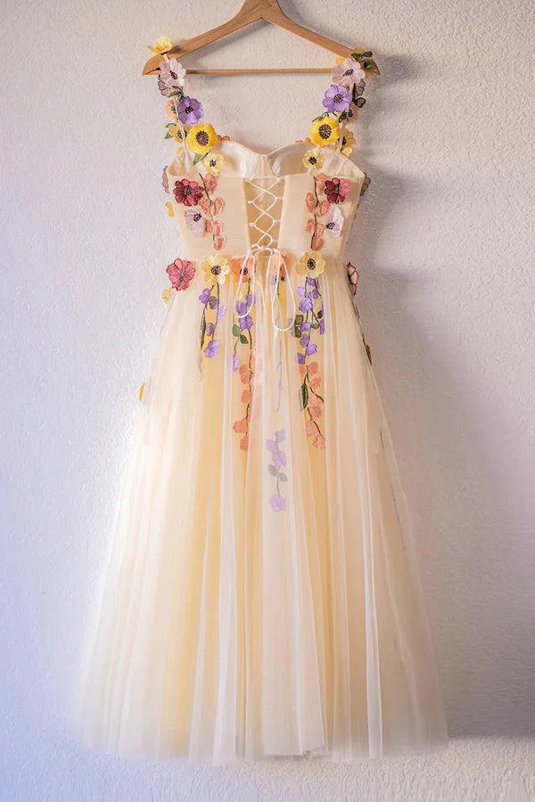 3D Flowers Champagne Tulle Short Prom Dress, Homecoming Dresses Sweet 16 Dress UQH0195