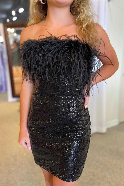 Short/Mini Strapless Sequins Homecoming Dresses With Feather UQH0174
