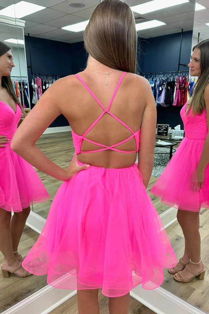Hot Pink Criss Cross Back Straps A-Line Tulle Homecoming Dress UQH0182