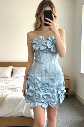 Blue 3D Floral Corset Strapless Mini Prom Homecoming Dress with Beading UQH0289