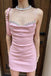 Pink Spaghetti Straps Short Prom Dress with Beading, Bodycon Homecoming Gown UQH0191