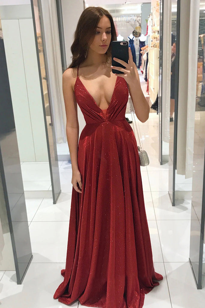 Red Spaghetti Straps V-neck Long Prom Dress, Shiny A Line Party Gown UQP0224