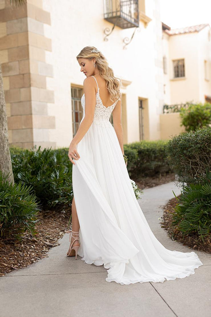 Spaghetti Straps Lace Chiffon Long Flowy Beach Wedding Dresses, Bridal