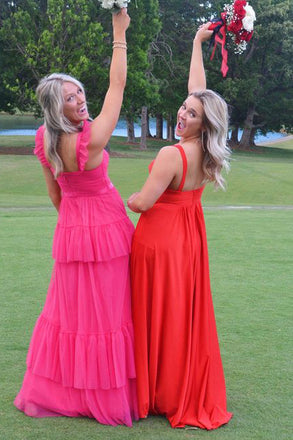 Modest Straps Pink Long Prom Dresses A-line Tulle Tiered Floor Length Formal Gown UQP0214