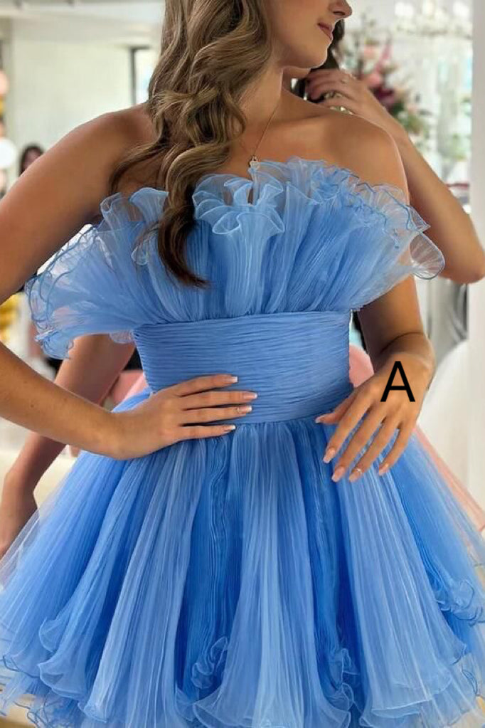 Strapless Ruched Tulle A Line Mini Homecoming Dress, Short Prom Dress With Ruffles UQH0205