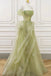 A-Line Green Off the Shoulder Tulle Lace Appliques Long Prom Dress, Formal Dress UQP0276