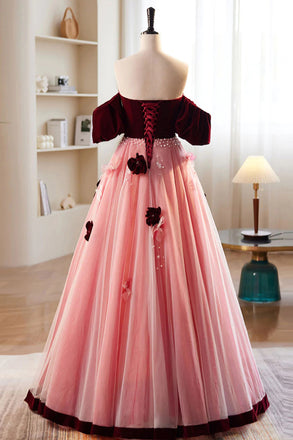 A-Line Pink Tulle Velvet Long Prom Dress, Sweet Burgundy Formal Dress with Flowers UQP0242