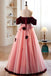 A-Line Pink Tulle Velvet Long Prom Dress, Sweet Burgundy Formal Dress with Flowers UQP0242