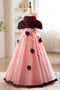 A-Line Pink Tulle Velvet Long Prom Dress, Sweet Burgundy Formal Dress with Flowers UQP0242