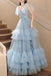 A-Line Tulle Spaghetti Straps Light Blue Long Prom Dress, Floor Length Formal Gown with Flowers UQP0280