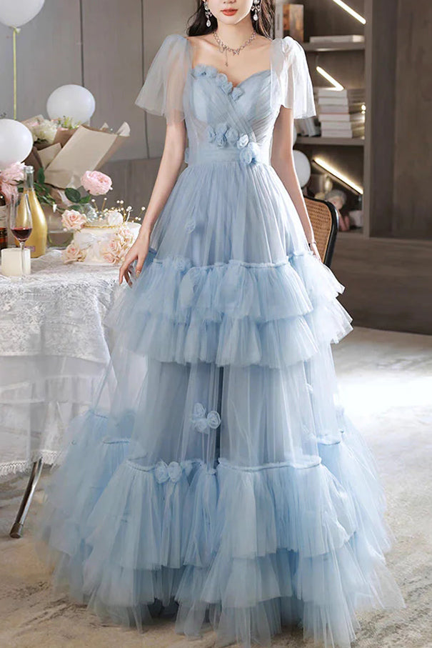 A-Line Tulle Spaghetti Straps Light Blue Long Prom Dress, Floor Length Formal Gown with Flowers UQP0280