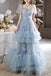 A-Line Tulle Spaghetti Straps Light Blue Long Prom Dress, Floor Length Formal Gown with Flowers UQP0280