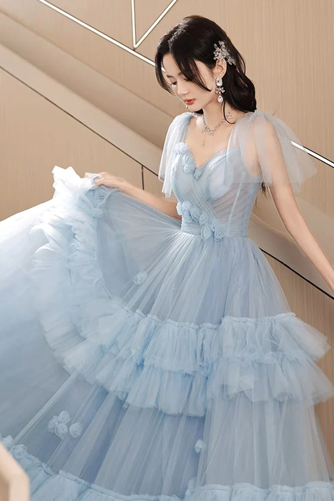 A-Line Tulle Spaghetti Straps Light Blue Long Prom Dress, Floor Length Formal Gown with Flowers UQP0280
