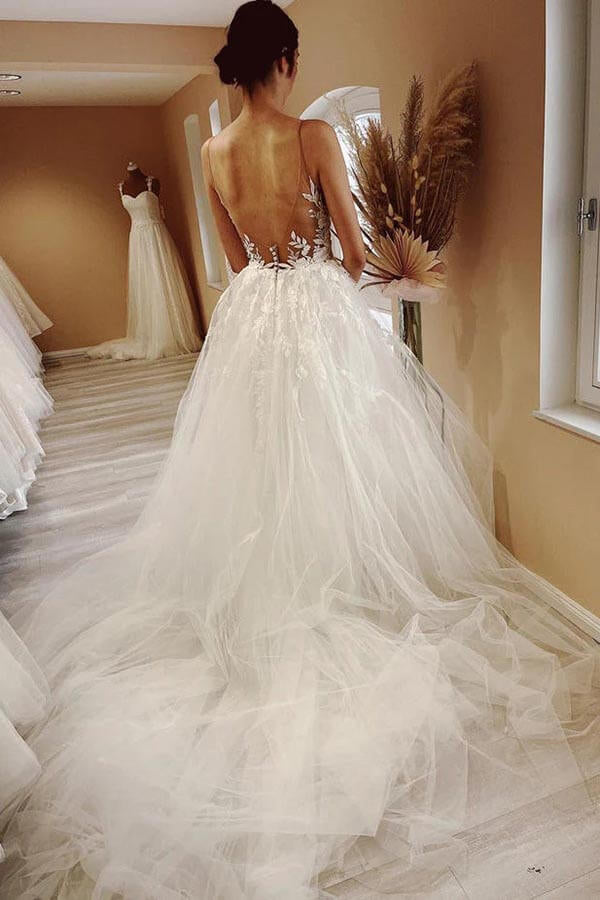 A-line Sheer Neck Lace Appliques Long Beach Wedding Dress, Puffy Tulle Bridal Gown UQW0125