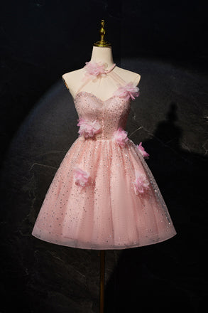 A Line Halter Sequin Short Homecoming Dress with Flowers, Cute Prom Gown UQH0223