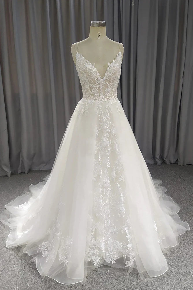 A Line Lace Wedding Dress, Simple V Neck Sleeveless Tulle Bridal Gown UQW0117