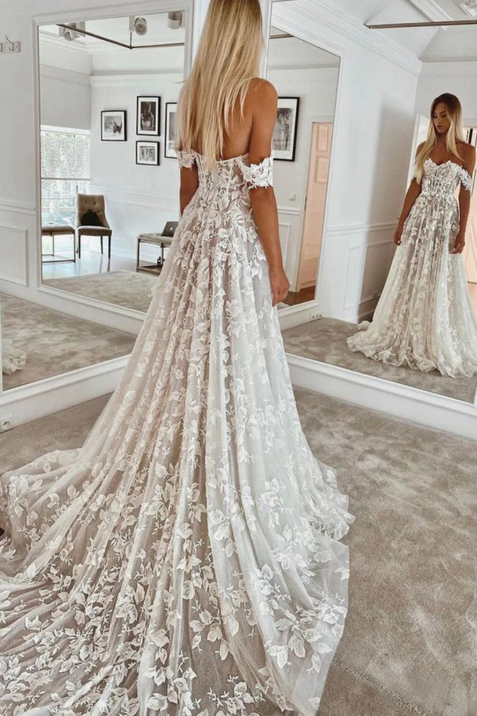 A Line Off the Shoulder Lace Beach Wedding Dress