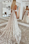 A Line Off the Shoulder Lace Beach Wedding Dress with Train, Long Bridal Dresses UQW0122