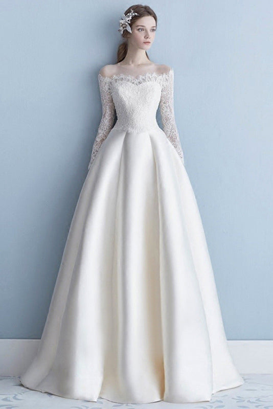 A Line Off the Shoulder Long Sleeves Satin Wedding Dress with Lace Long Bridal Gown UQW0092