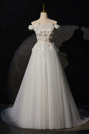 A Line Off the Shoulder Tulle Long Beach Wedding Dress with Flowers UQW0116