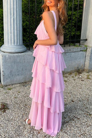 A Line Straps Tiered Chiffon Long Prom Dress with Flowers Pink Bridesmaid Dress UQP0319