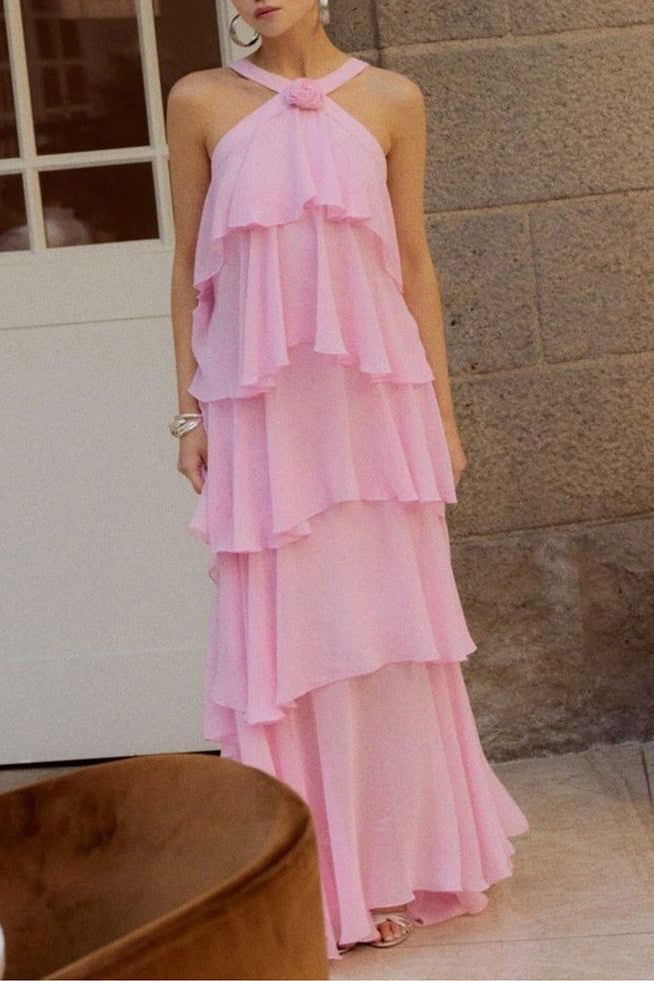 A Line Straps Tiered Chiffon Long Prom Dress with Flowers Pink Bridesmaid Dress UQP0319