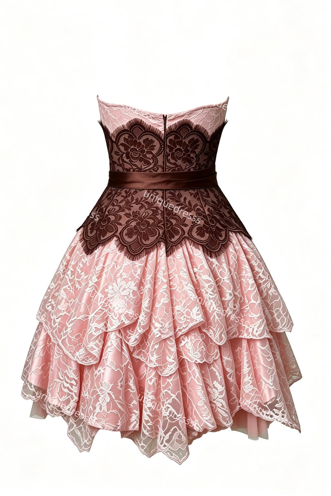 A Line Sweetheart Lace Short Homecoming Gown with Sash, Pink Cute Hoco Dress UQH0287