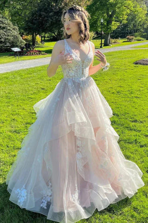 A Line V Neck Lace Appliques Long Prom Dresses, Puffy Tulle Party Gown UQP0294