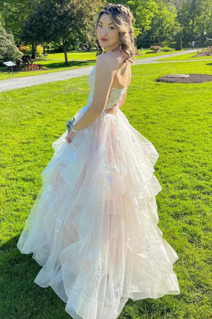 A Line V Neck Lace Appliques Long Prom Dresses, Puffy Tulle Party Gown UQP0294