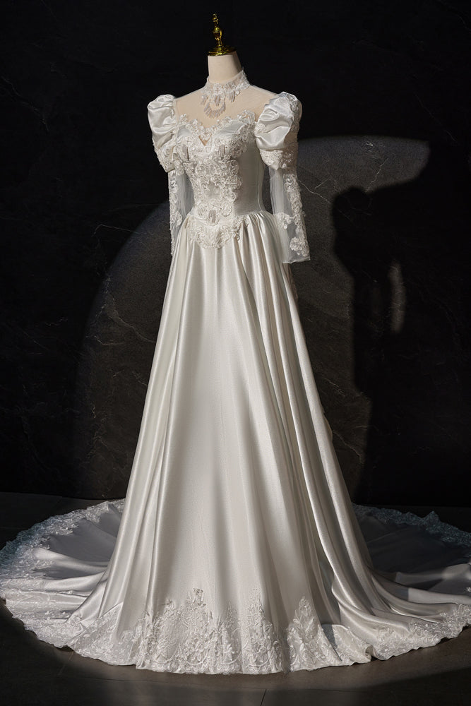 Gorgeous A Line High Neck Long Sleeves Satin Wedding Dress with Pearls Appliques UQW0114