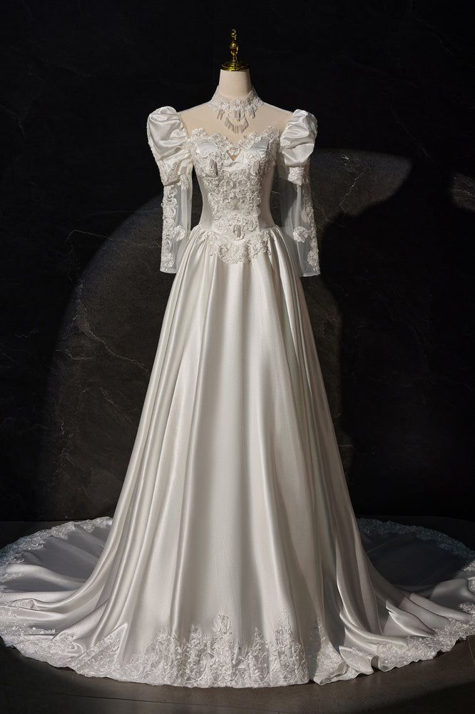 Gorgeous A Line High Neck Long Sleeves Satin Wedding Dress with Pearls Appliques UQW0114