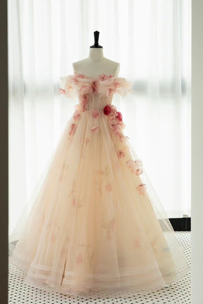 A Line Off the Shoulder Prom Dress with Flowers, Charming Tulle Party Gown UQP0227