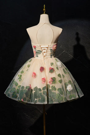 A Line Sleeveless Short Prom Gown with Flowers, Unique Tulle Homecoming Dress UQH0219