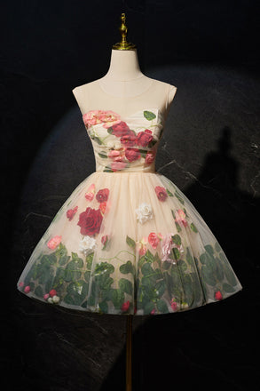 A Line Sleeveless Short Prom Gown with Flowers, Unique Tulle Homecoming Dress UQH0219