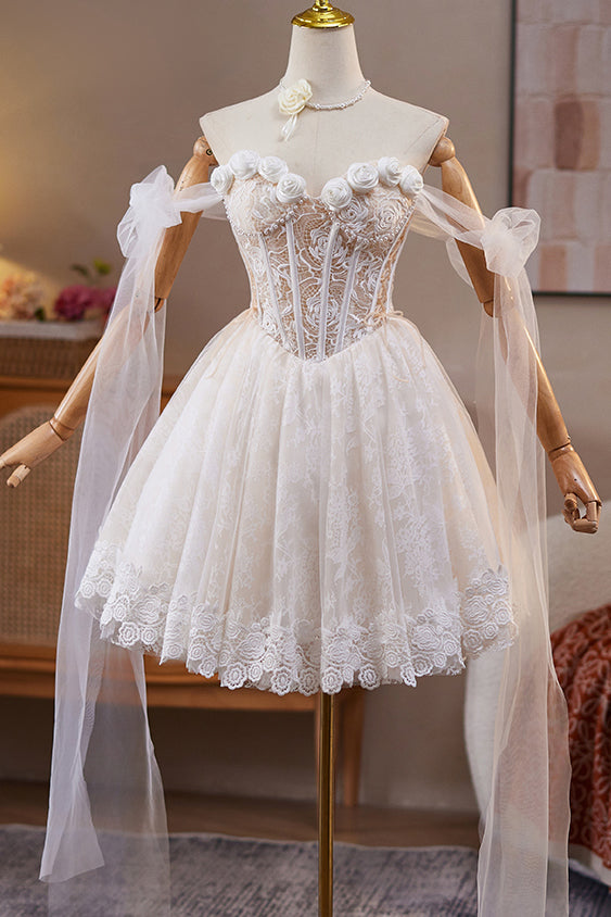 A Line Sweetheart Lace Short Prom Dress with Flowers, New Homecoming Gown UQH0283