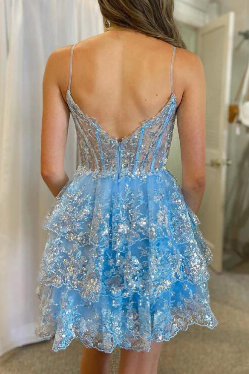 Light Blue Sequin Corset A-Line Tiered Short Homecoming Dress Spaghetti Straps Prom Gown UQH0179