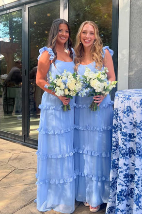 Blue Straps Chiffon Bridesmaid Dress with Ruffles, Long Prom Gown UQB0036