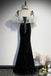 Black Mermaid Velvet Long Prom Dress, Sparkle Straps Evening Dress with Pearls UQP0233