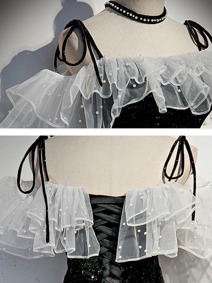Black Mermaid Velvet Long Prom Dress, Sparkle Straps Evening Dress with Pearls UQP0233