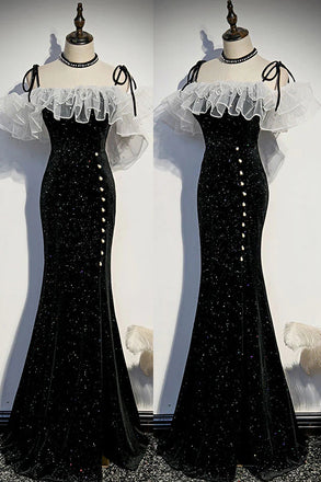 Black Mermaid Sequined Long Prom Dress, Sparkle Straps Evening Dress with Pearls UQP0233