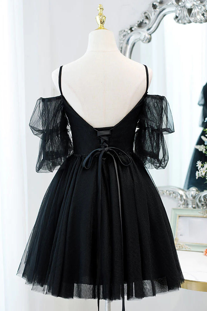 Black Spaghetti Straps Lace Appliques Tulle Homecoming Dress, Prom Gown UQH0145