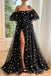 A Line Black Spaghetti Straps Tulle Long Prom Dresses With Slit, Sparkly Formal Gown with Star UQP0274