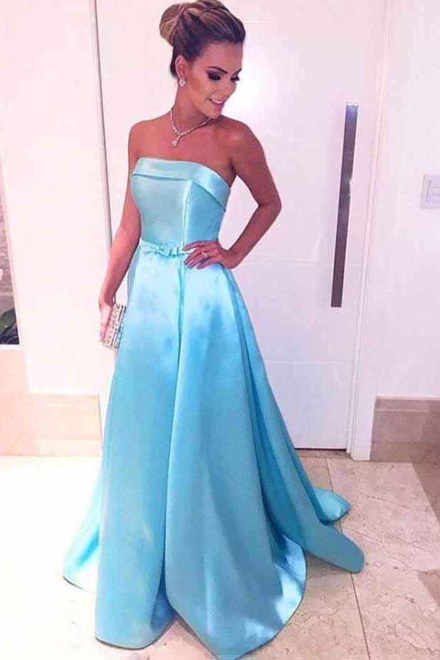 A Line Blue Strapless Prom Dresses Elegant Satin Long Evening Dresses UQP0301