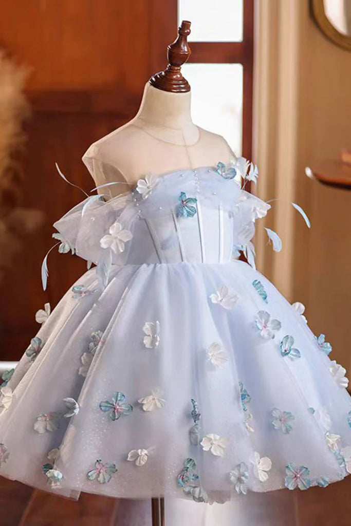Blue Tulle Butterfly Flower Girl Dress for Wedding Holiday Birthday Party Kid Toddler Dresses UQF0015