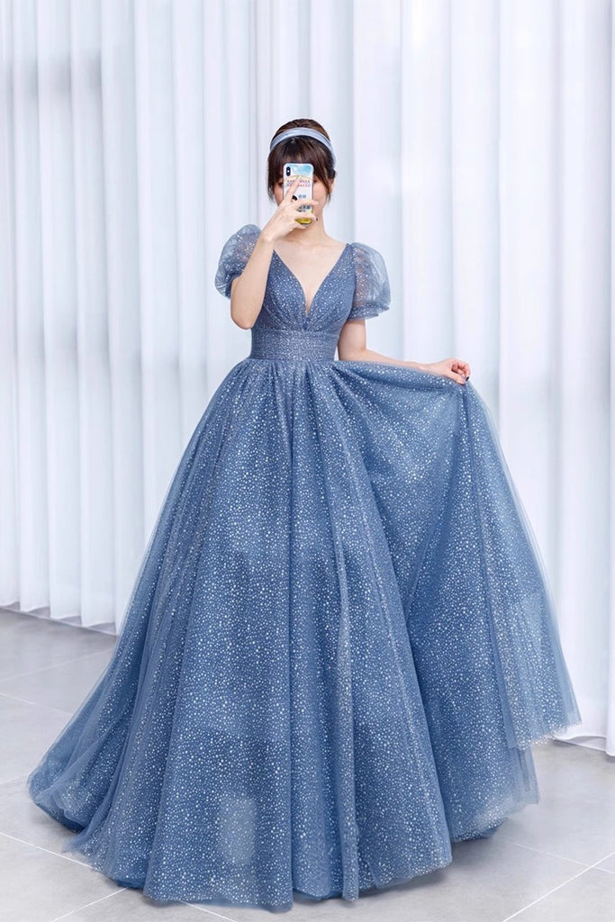 Princess V Neck Blue Long Prom Dress, Sparkly Tulle Quinceanera Dresse ...